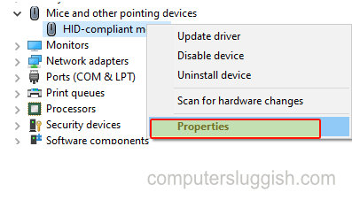 Device Manager mouse context menu properties.