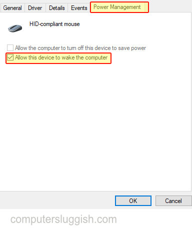 Mouse settings showing allow this device to wake the computer.