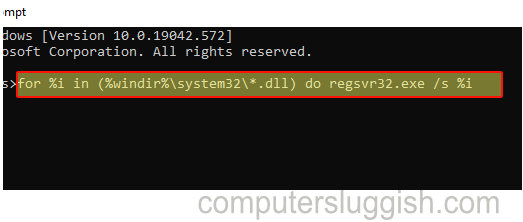 Windows Command Prompt entering code to re-register .dll files