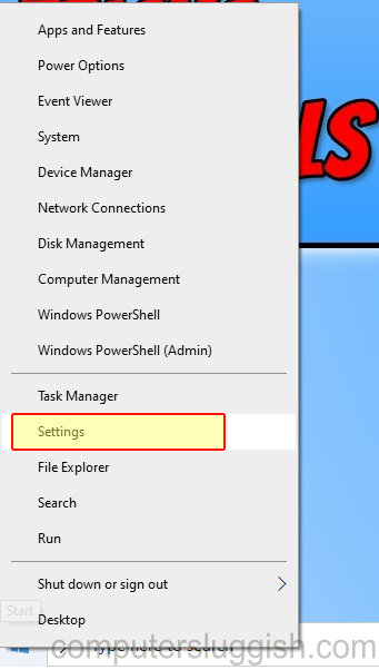 Windows 10 start menu icon context menu Settings option.