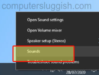 Windows 10 sound speaker icon context menu.