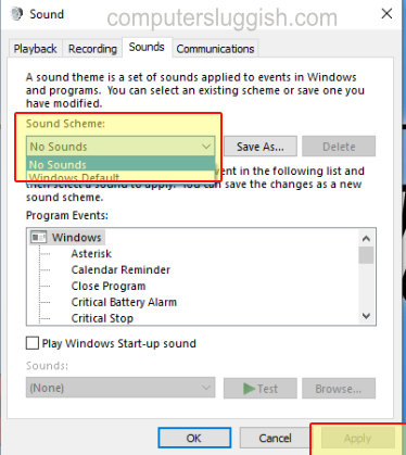 Windows 10 Sound settings showing change sound scheme to No Sounds.