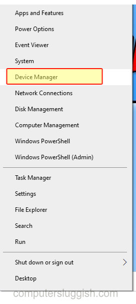 Windows 10 start context menu showing Device Manager.