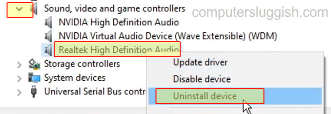 Device Manager showing Realtek High Definition Audio context menu with Uninstall device option.