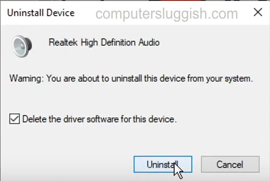 Realtek High Definition Audio window showing Uninstall button.