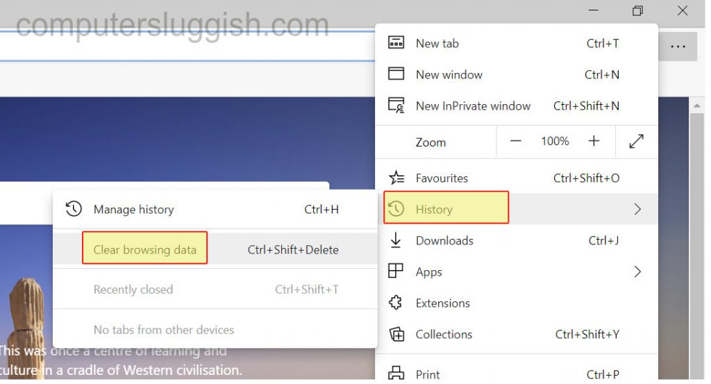 Microsoft Edge 3dots context menu showing clear browsing data option under History.