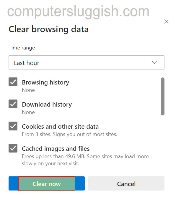 Microsoft Edge Clear browsing data settings.