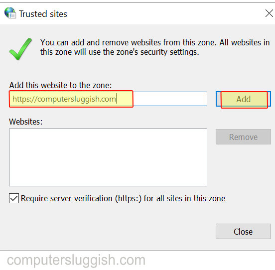 Edge Trusted sites window showing website url with Add button.
