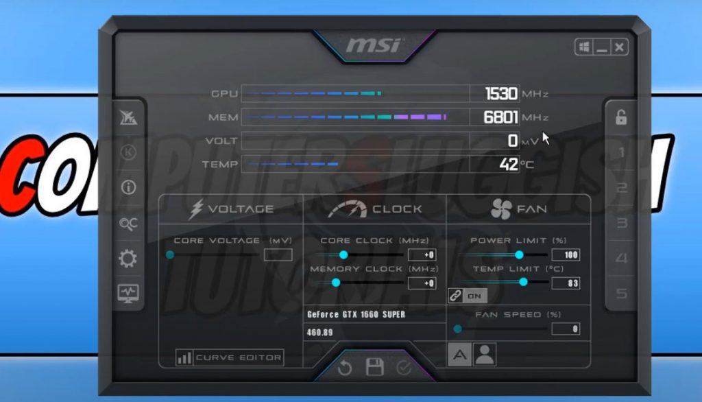 Screenshot of MSI Afterburner using the default theme.