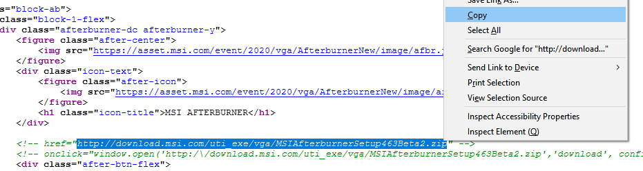 Web browser showing source code with MSI Afterburner download link.