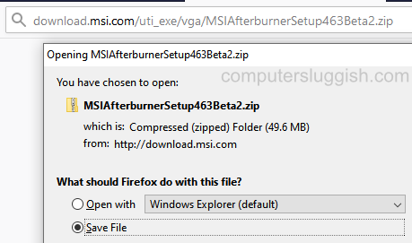 MSI Afterburner save file option after pasting the url in web browser address bar.