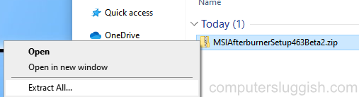 MSI Afterburner zip folder context menu showing Extract all option.