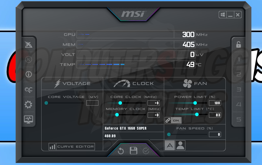 Screenshot of MSI Afterburner.
