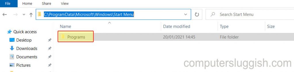 start menu shortcut win7