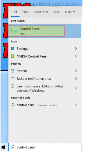 Windows 10 start menu search showing Control panel.