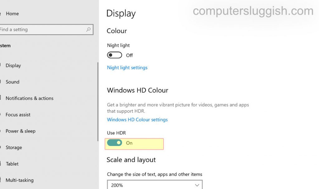 windows 10 display setting HDR enabled