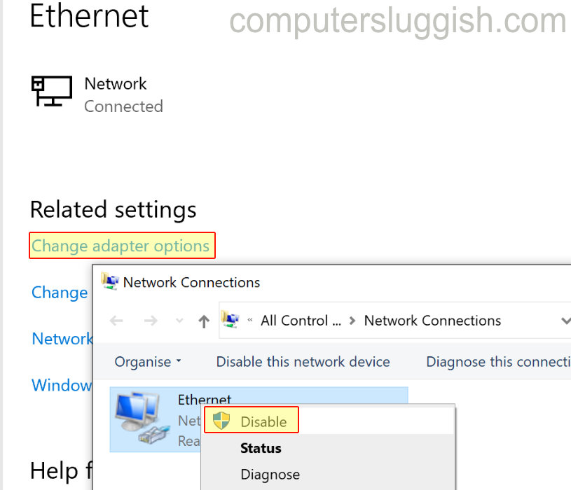 Windows 10 Network Settings disabling ethernet adapter