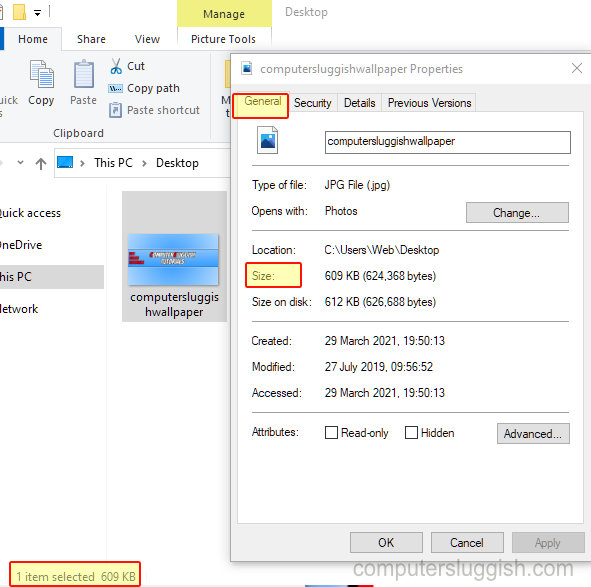 Windows 10 checking the file size of an image in File Explorer