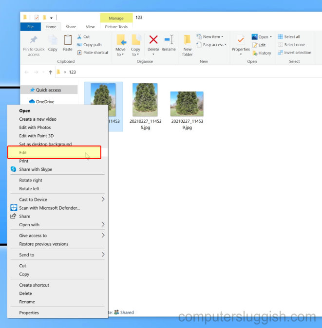 Right-clicking on an image and selecting Edit in Windows 10