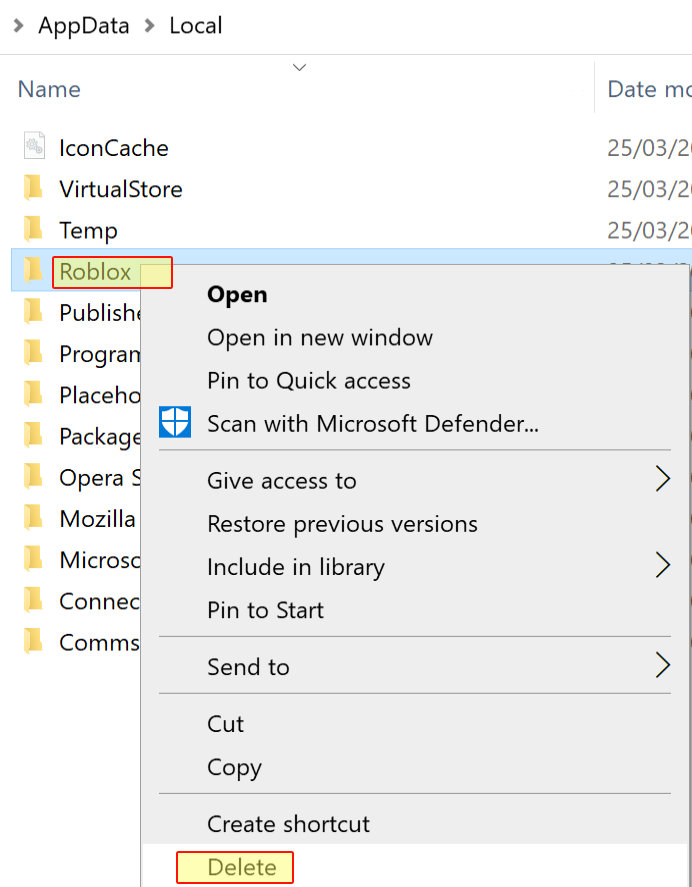 Selecting Delete on the Roblox app data folder in Windows