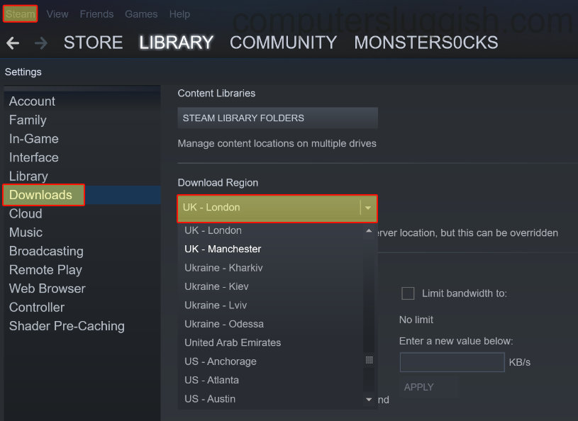 Changing download region in Steam downloads settings.