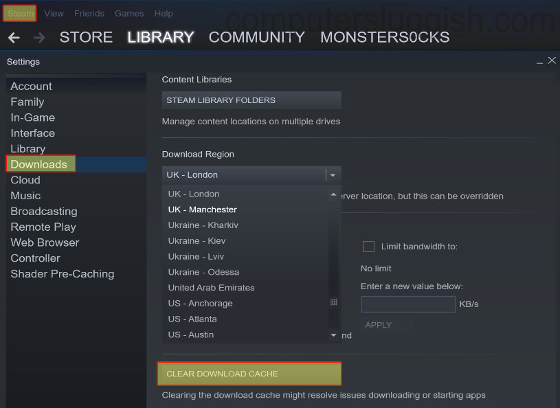 Steam clear download cache settings.