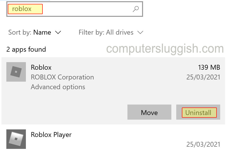 Uninstalling Roblox app in Windows apps and features