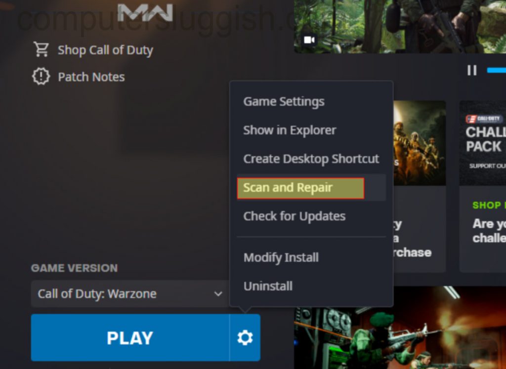 Battle.net settings cog showing scan and repair option for Warzone.