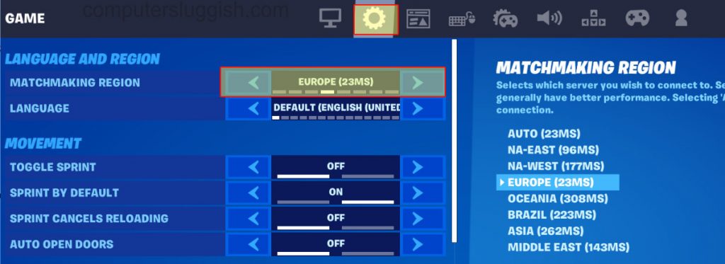 Changing the matchmaking region in Fortnite settings