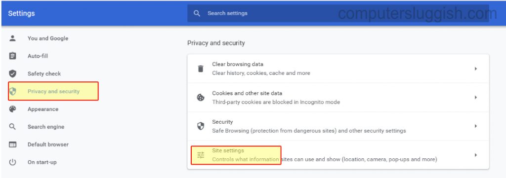 Google Chrome selecting security settings in privacy and security