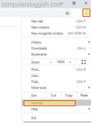 Chrome 3dots showing the context menu with the Settings option.