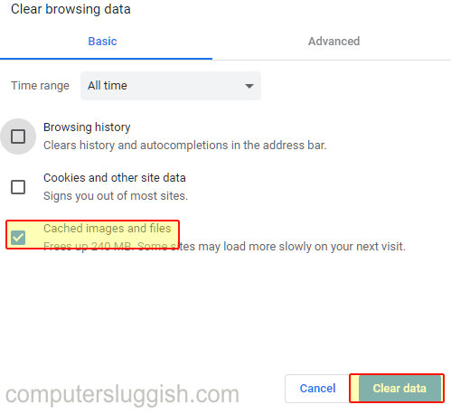 Chrome clear browsing data showing cached images and files option selected.