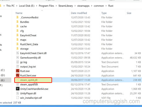 RUST folder location showing Steam_api64.dll file.