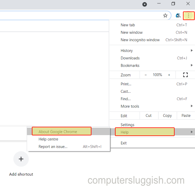 Chrome 3dots context menu showing help and about Google Chrome option.