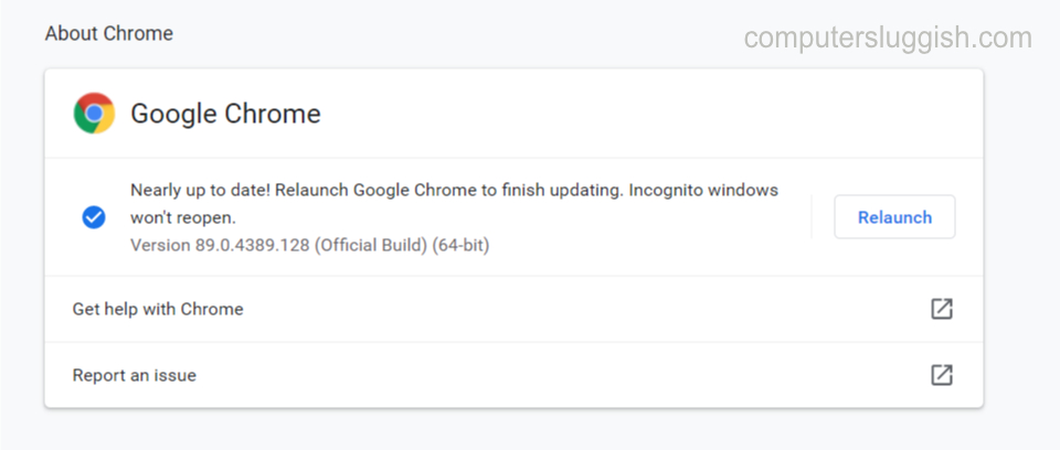 Google Chrome showing new update installed.
