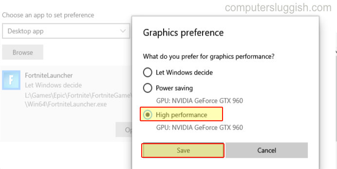 Graphics preference High performance selected.
