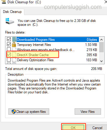 Windows disk cleanup window with DirectX Shader Cache selected and other items.