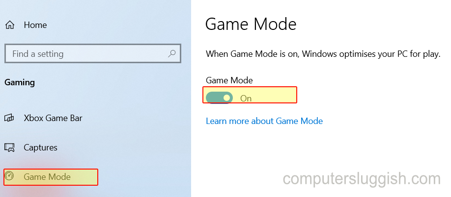 Enable Game Mode toggle option.