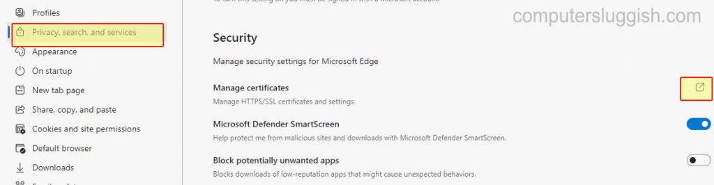 Microsoft Edge Privacy, Search and Services settings showing Security.