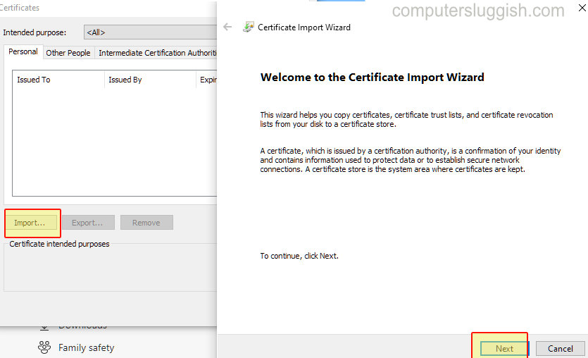Microsoft Edge certificate import wizard.