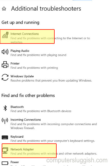 Windows 10 Additional Troubleshooters menu with Internet Connections and Network Adapter selected