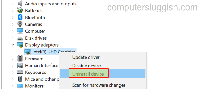 Device Manager showing Display adaptors expanded with the context menu showing Uninstall device for the selected device adapter.
