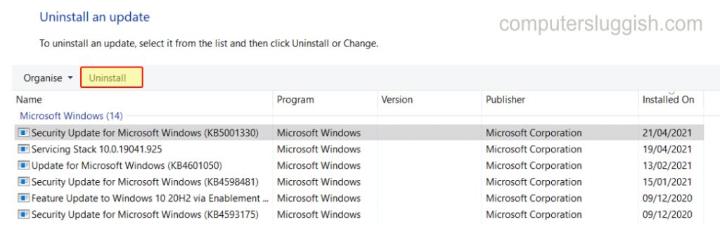 List of recent Windows updates with the Uninstall option.