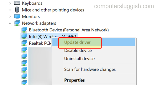 Updating a network driver in Windows Device Manager