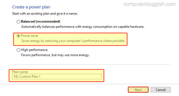 Create a power plan window showing different options to create one.