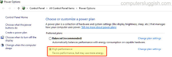 Windows power plan high performance selected.