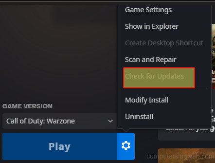 Battle.net settings cog showing check for updates option for Warzone.