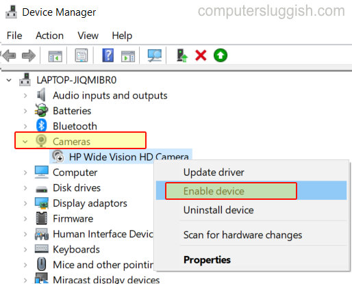 Enable camera in Windows 10 device manager.