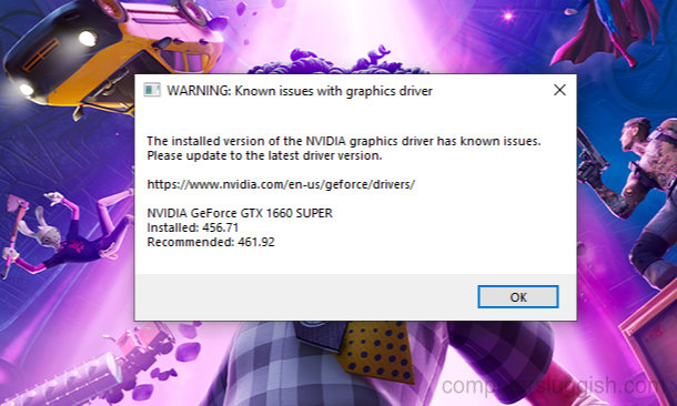 Fortnite Warning: Known issues with graphics driver message.