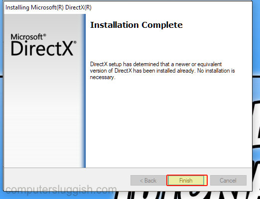 DirectX setup window saying installation complete.